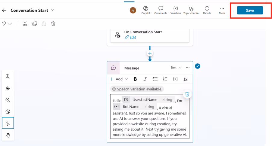 Custom Copilot welcome message with user first name4