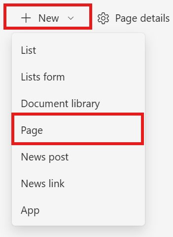Selecting New Page in SharePoint