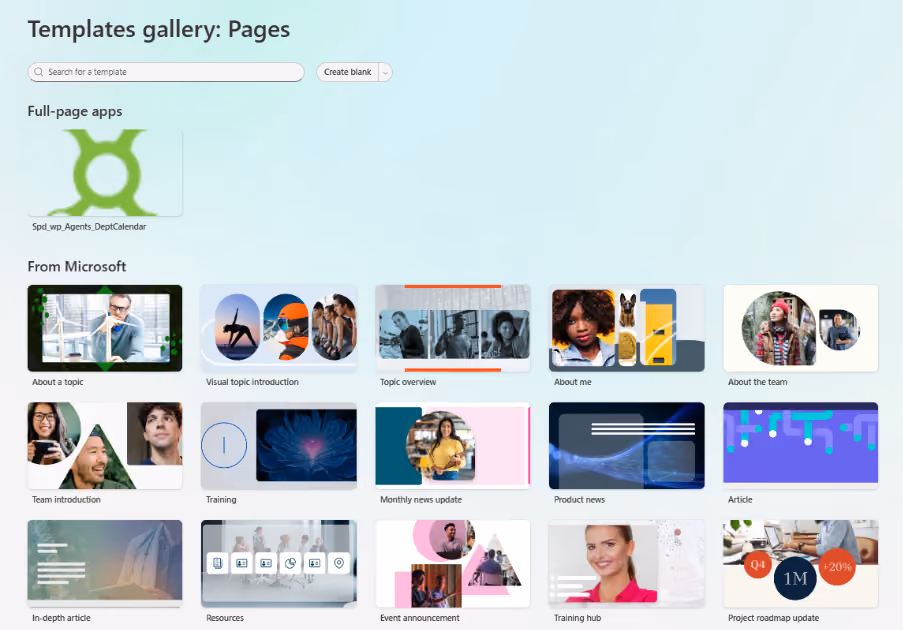 Choosing a SharePoint page template