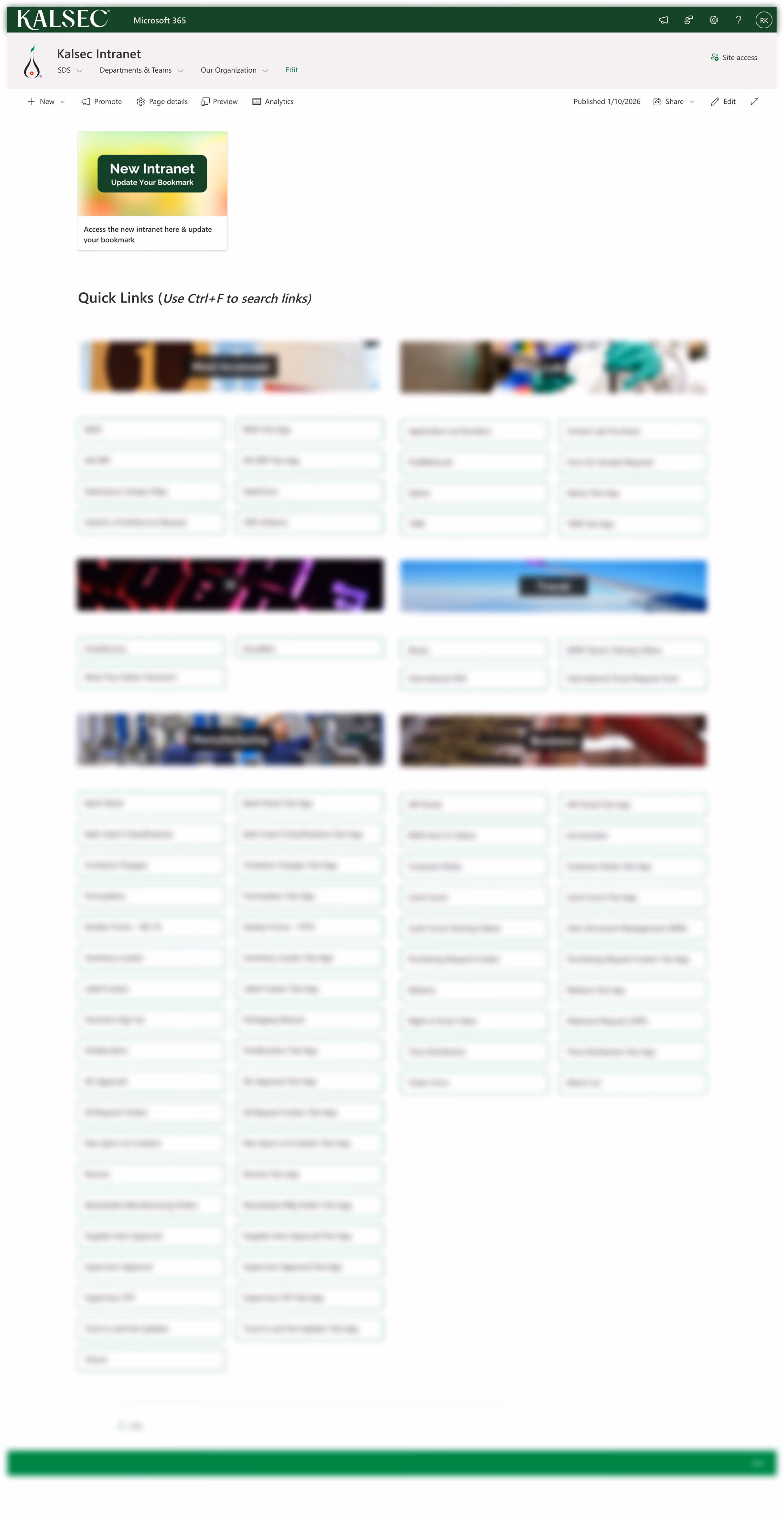 Kalsec legacy SharePoint intranet homepage before redesign