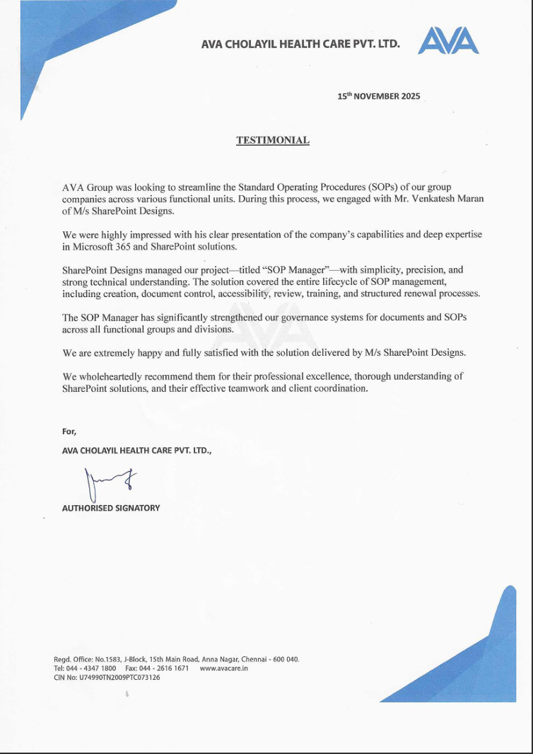 Ava care testimonial - SharePoint designs