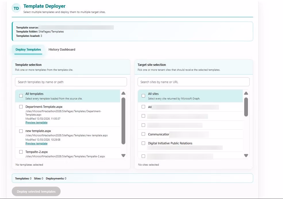 SharePoint Template Deployer interface showing template and target site selection