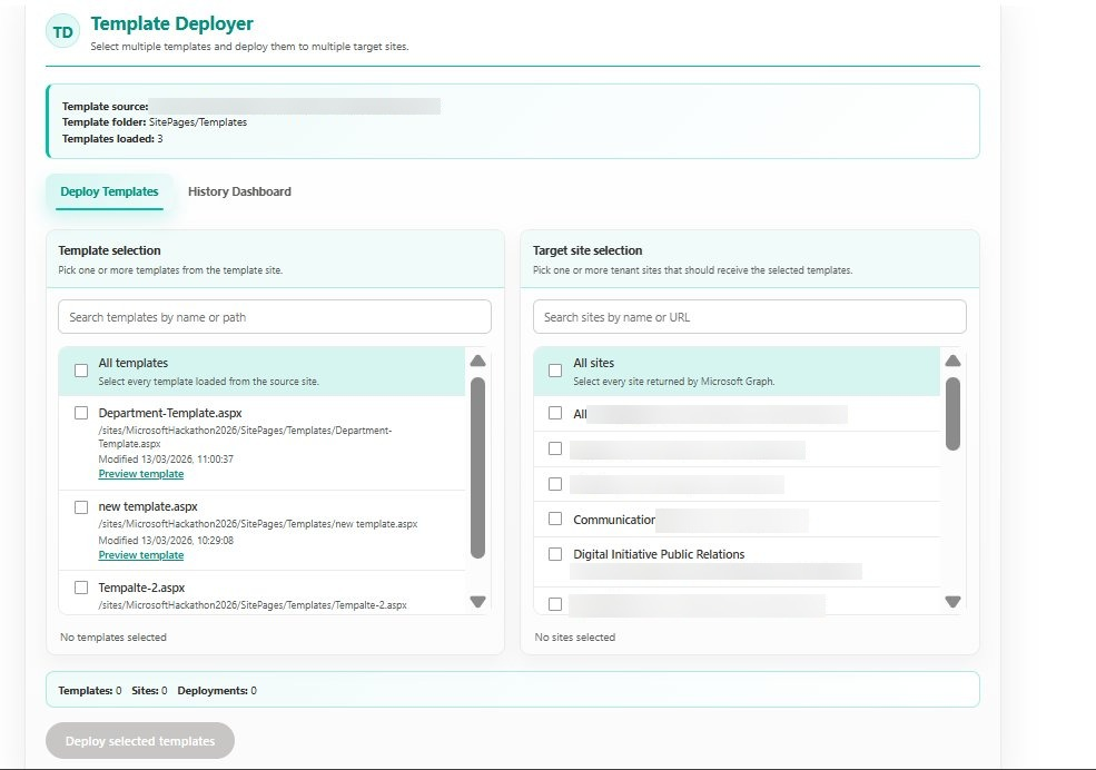 SharePoint Template Deployer interface showing template and target site selection