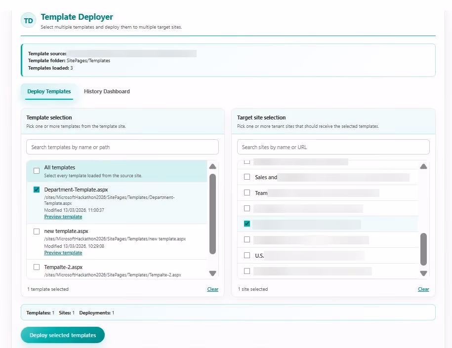 SharePoint Template Deployer with a template and target site selected for deployment