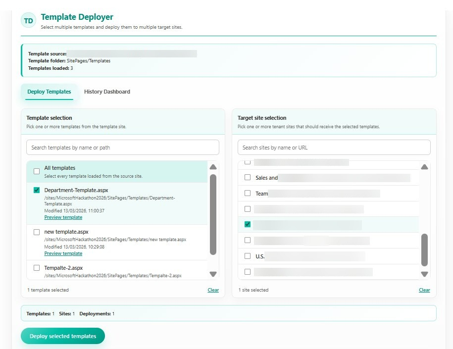 SharePoint Template Deployer with a template and target site selected for deployment