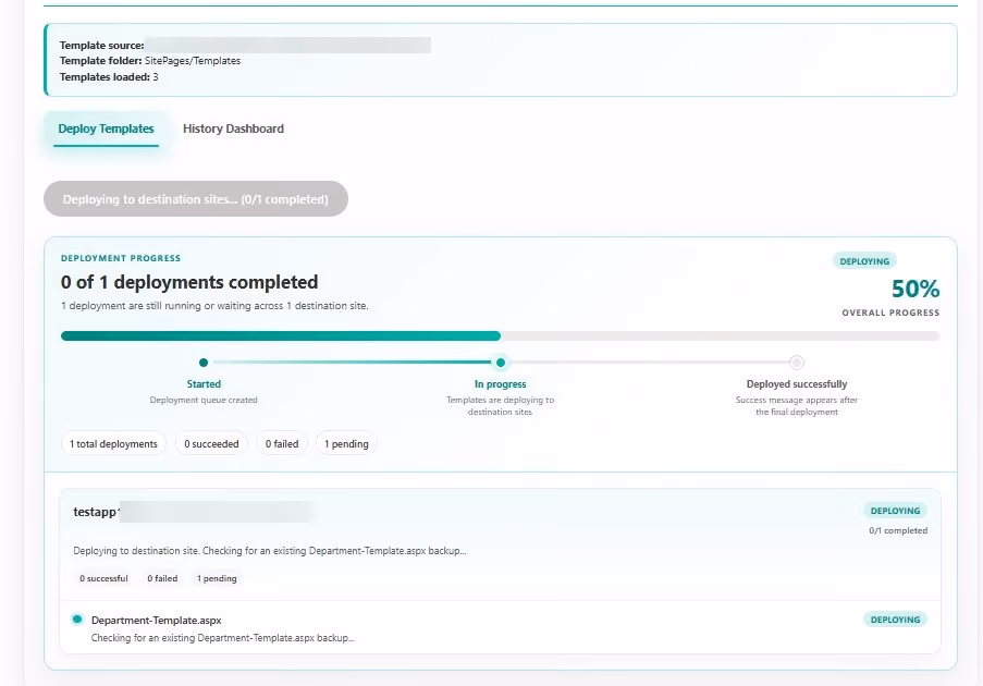 SharePoint Template Deployer showing live deployment progress across a target site