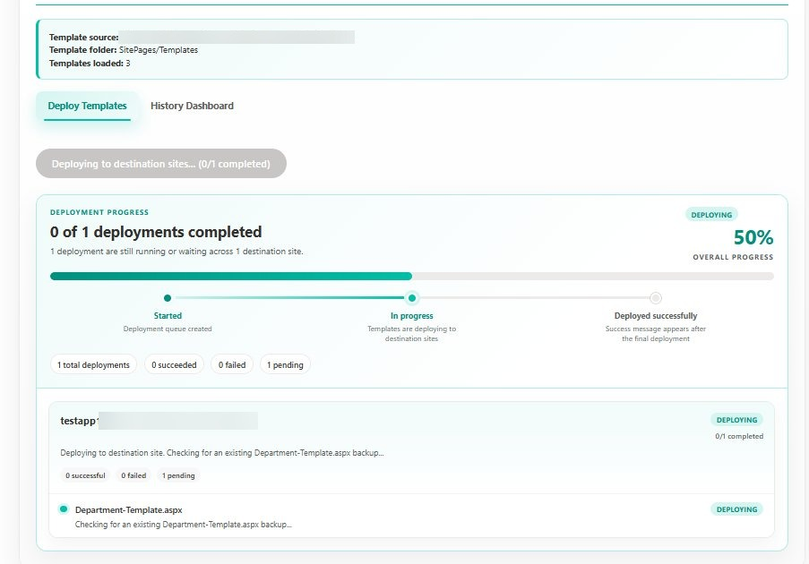 SharePoint Template Deployer showing live deployment progress across a target site