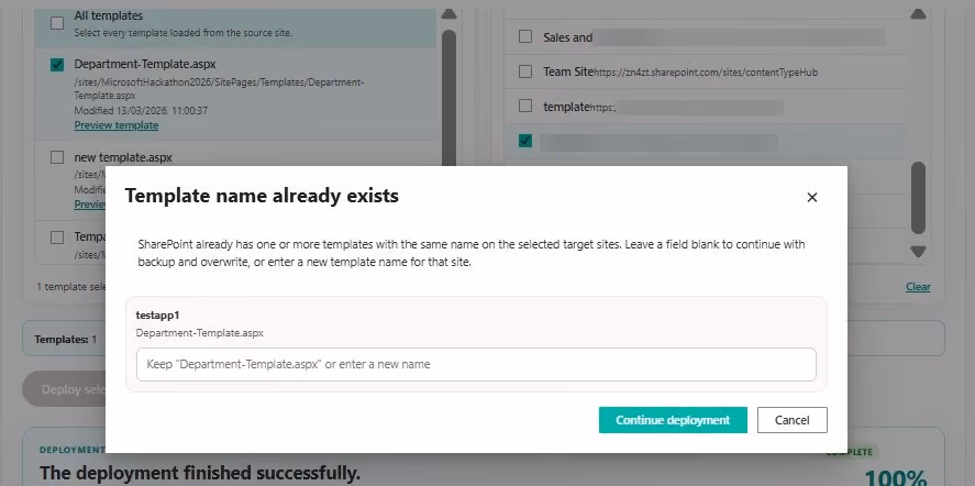 SharePoint Template Deployer filename conflict warning before overwriting an existing template