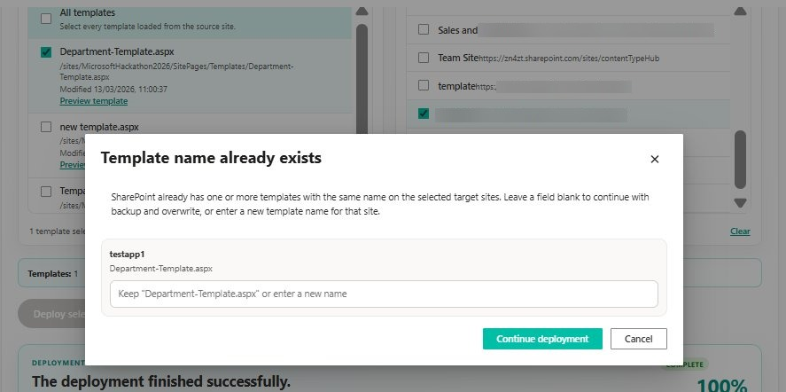 SharePoint Template Deployer filename conflict warning before overwriting an existing template