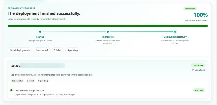 SharePoint Template Deployer showing a completed template deployment with 100 percent progress