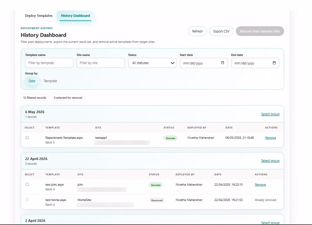SharePoint Template Deployer History Dashboard showing deployment records and statuses