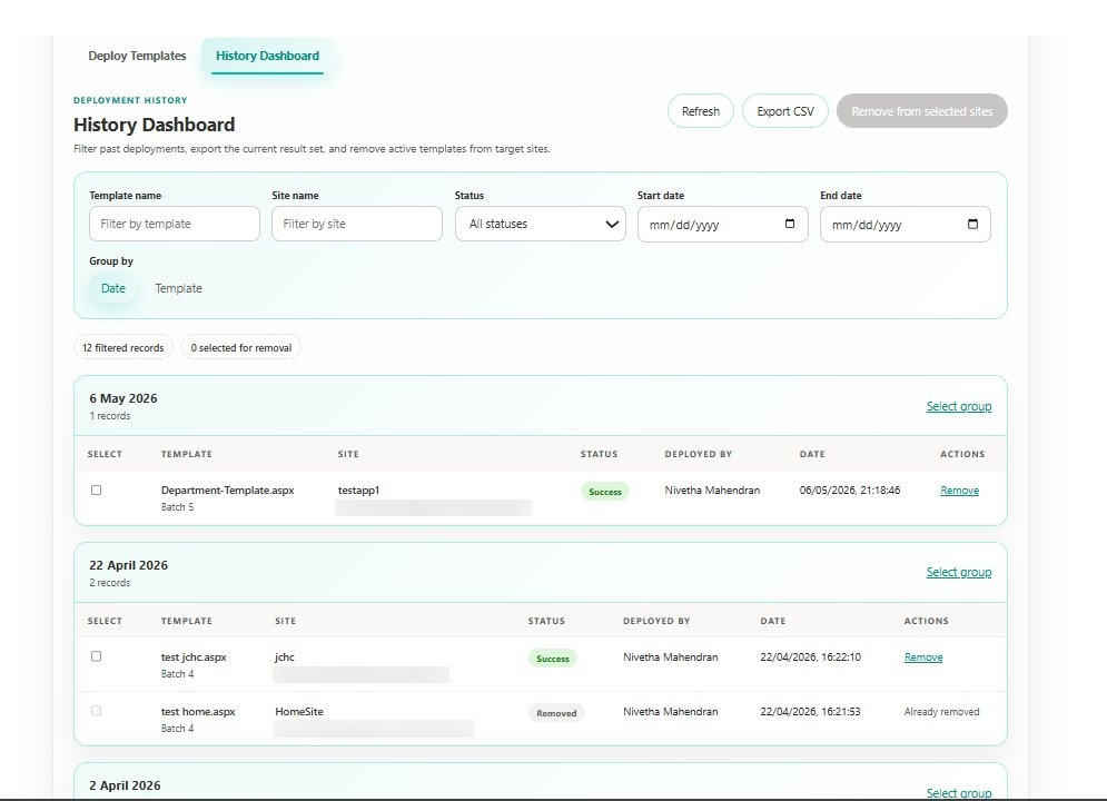SharePoint Template Deployer History Dashboard showing deployment records and statuses