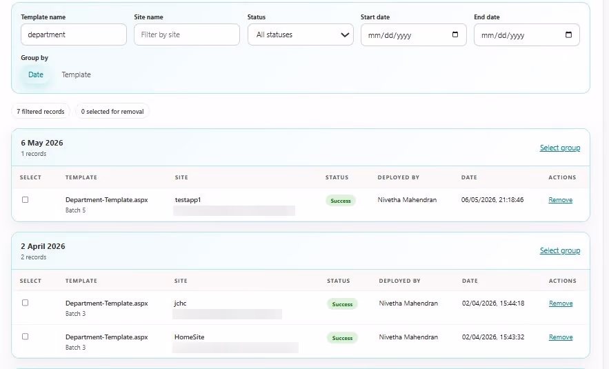 SharePoint Template Deployer history filtered by template name and deployment date