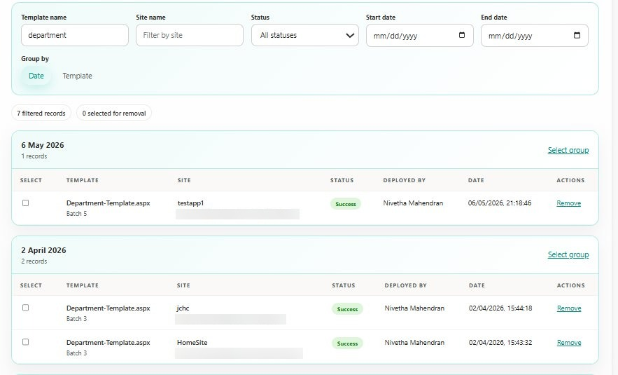 SharePoint Template Deployer history filtered by template name and deployment date