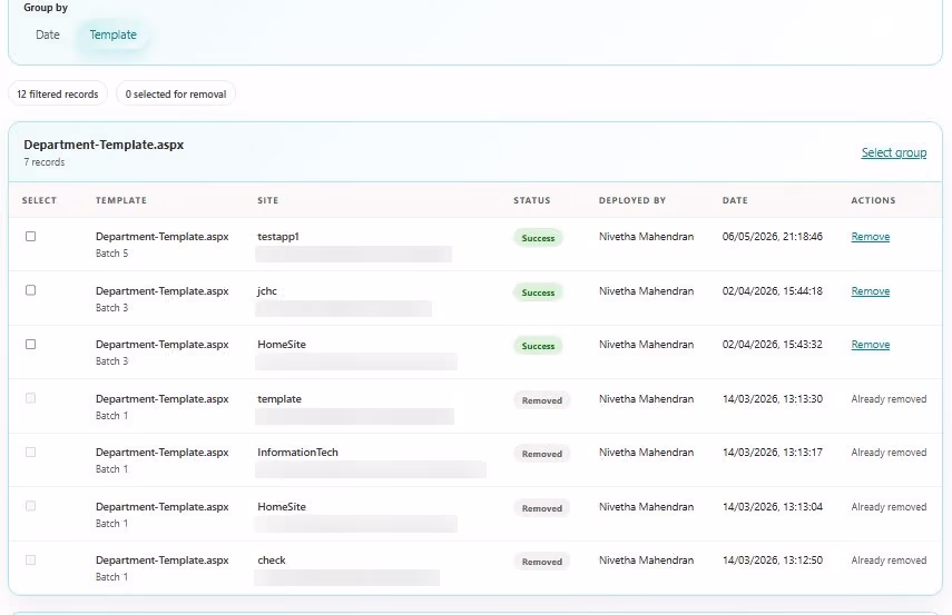 SharePoint Template Deployer history grouped by template showing deployment records