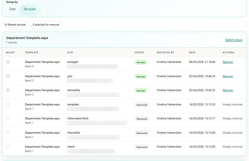SharePoint Template Deployer history grouped by template showing deployment records