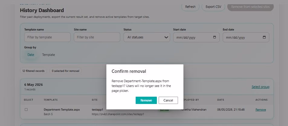 SharePoint Template Deployer confirmation dialog for removing a template from a site