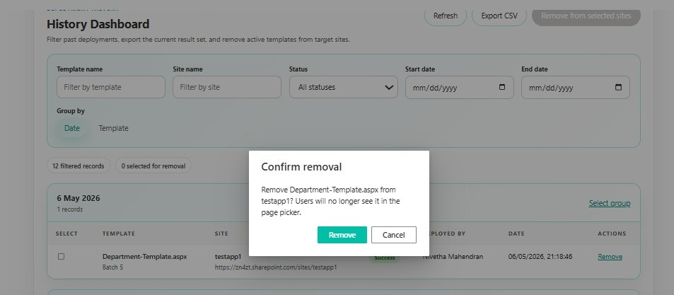 SharePoint Template Deployer confirmation dialog for removing a template from a site