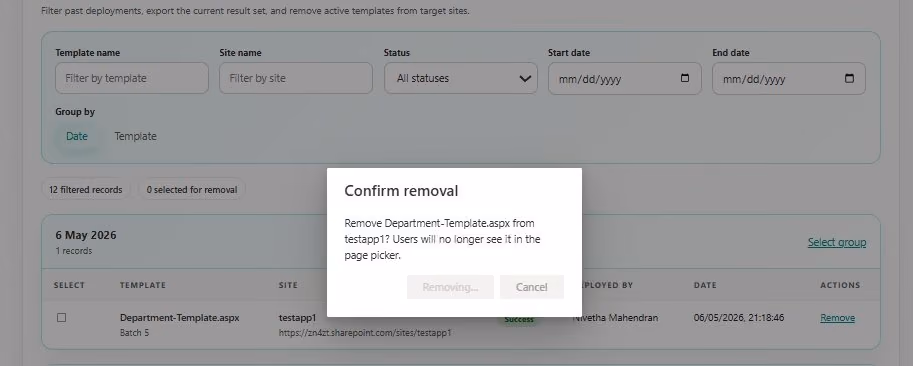SharePoint Template Deployer showing template removal in progress