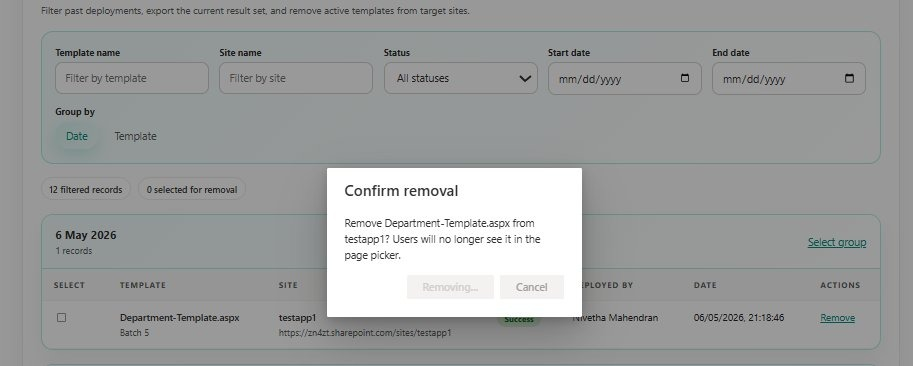 SharePoint Template Deployer showing template removal in progress