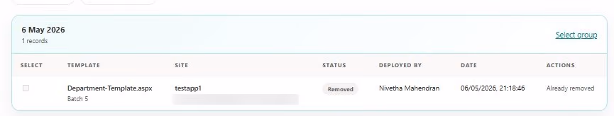 SharePoint Template Deployer history showing a successfully removed template