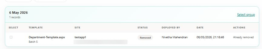 SharePoint Template Deployer history showing a successfully removed template