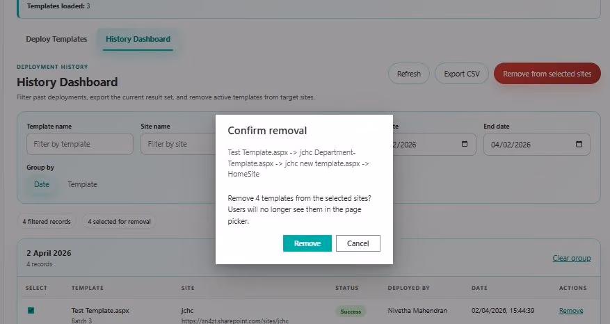 SharePoint Template Deployer confirmation dialog for bulk template removal from multiple sites