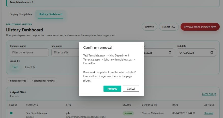 SharePoint Template Deployer confirmation dialog for bulk template removal from multiple sites