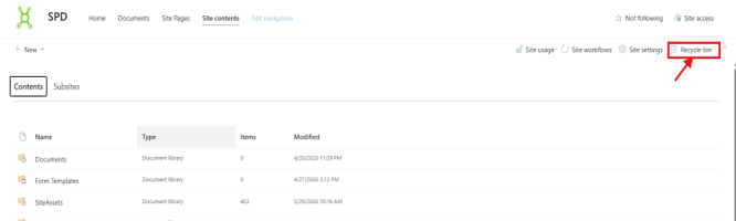 SharePoint Site Contents page showing the Recycle Bin option for recovering deleted files