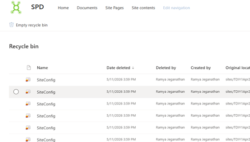 SharePoint Recycle Bin displaying deleted files available for recovery