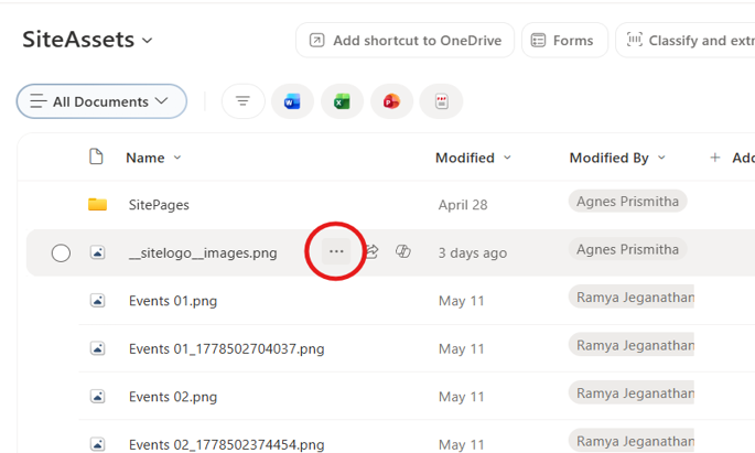 SharePoint document library showing the three-dot menu for file options