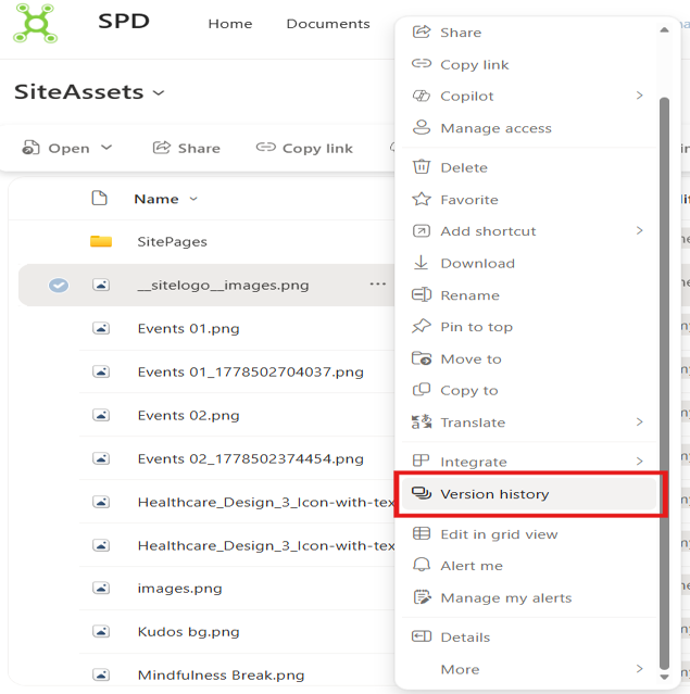 SharePoint file options menu showing Version History for restoring an earlier document version