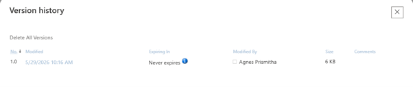 SharePoint Version History displaying available versions of a document for recovery