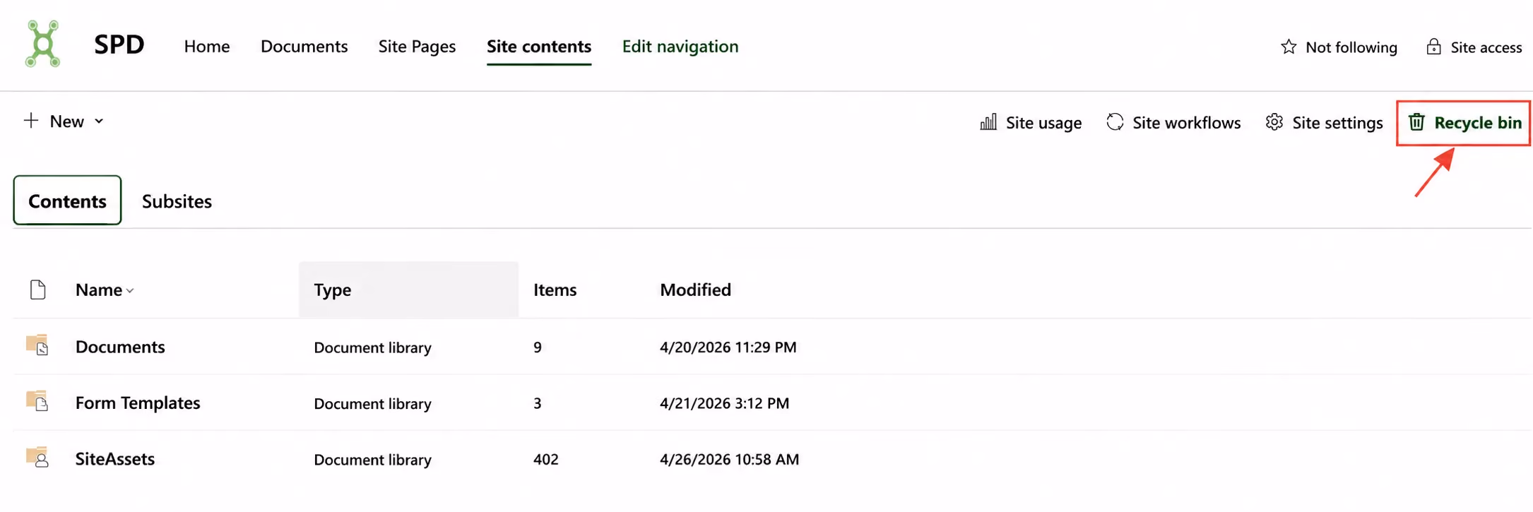 SharePoint Site Contents page showing the Recycle Bin option for recovering deleted files