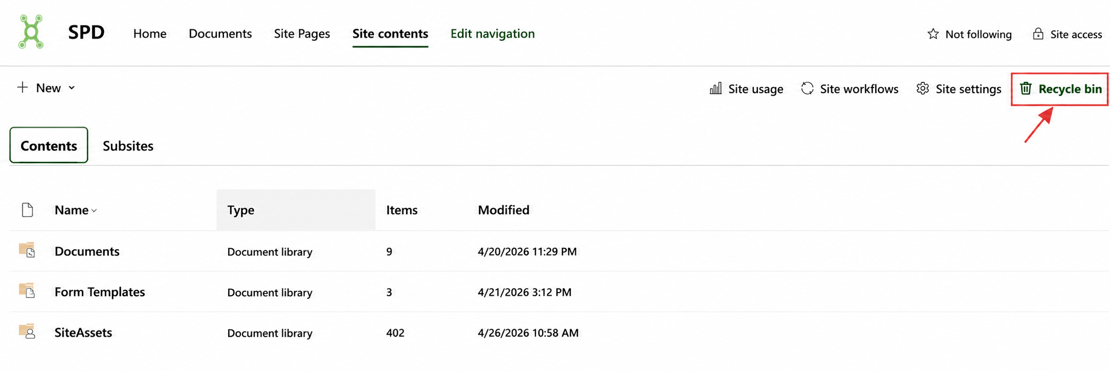 SharePoint Site Contents page showing the Recycle Bin option for recovering deleted files