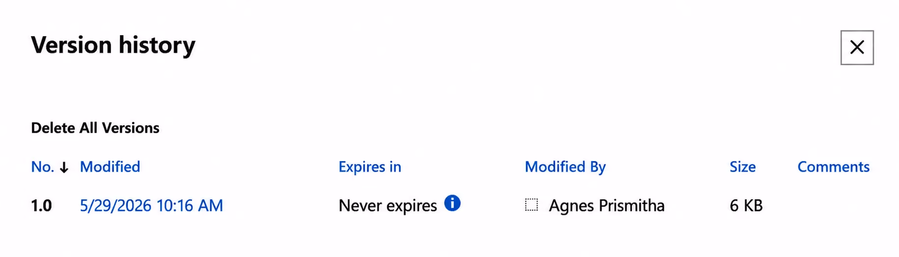 SharePoint Version History displaying available versions of a document for recovery