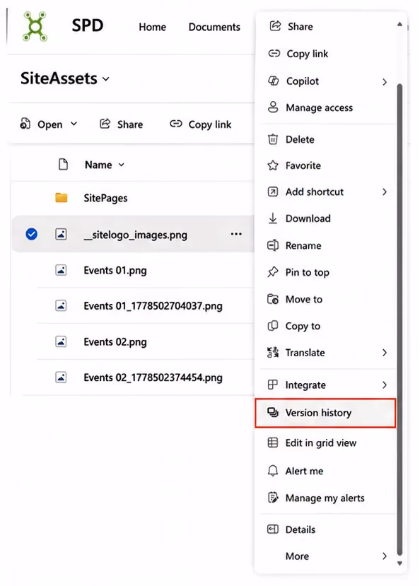SharePoint file options menu showing Version History for restoring an earlier document version