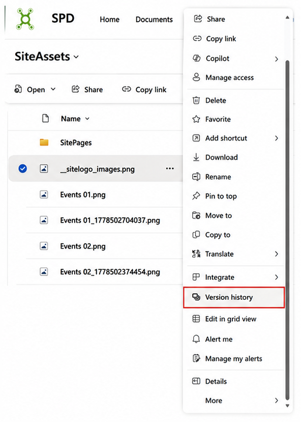 SharePoint file options menu showing Version History for restoring an earlier document version