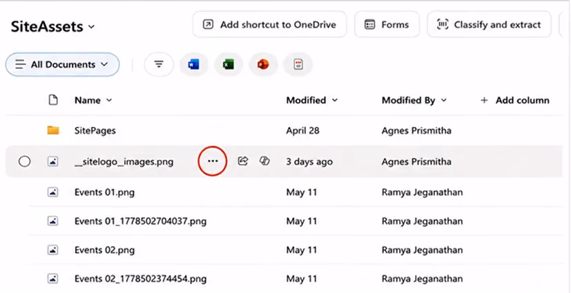SharePoint document library showing the three-dot menu for file options