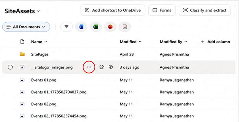 SharePoint document library showing the three-dot menu for file options