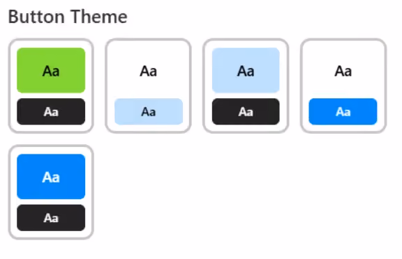 Screenshot showing five button theme options for user interface design, each with different colour combinations for top and bottom buttons. Themes include bright green and black, white and light blue, light blue and black, white and blue, and blue and black, demonstrating various visual styles for button appearance.