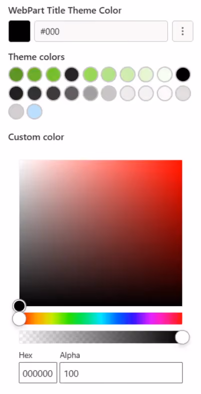 Screenshot of a colour selection panel for WebPart Title Theme Color showing preset theme colours in shades of green, black, grey, and blue. Includes a custom colour picker with a gradient square, a horizontal hue slider, and input fields for Hex code (#000000) and Alpha value (100).