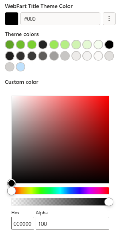 Screenshot of a colour selection panel for WebPart Title Theme Color showing preset theme colours in shades of green, black, grey, and blue. Includes a custom colour picker with a gradient square, a horizontal hue slider, and input fields for Hex code (#000000) and Alpha value (100).