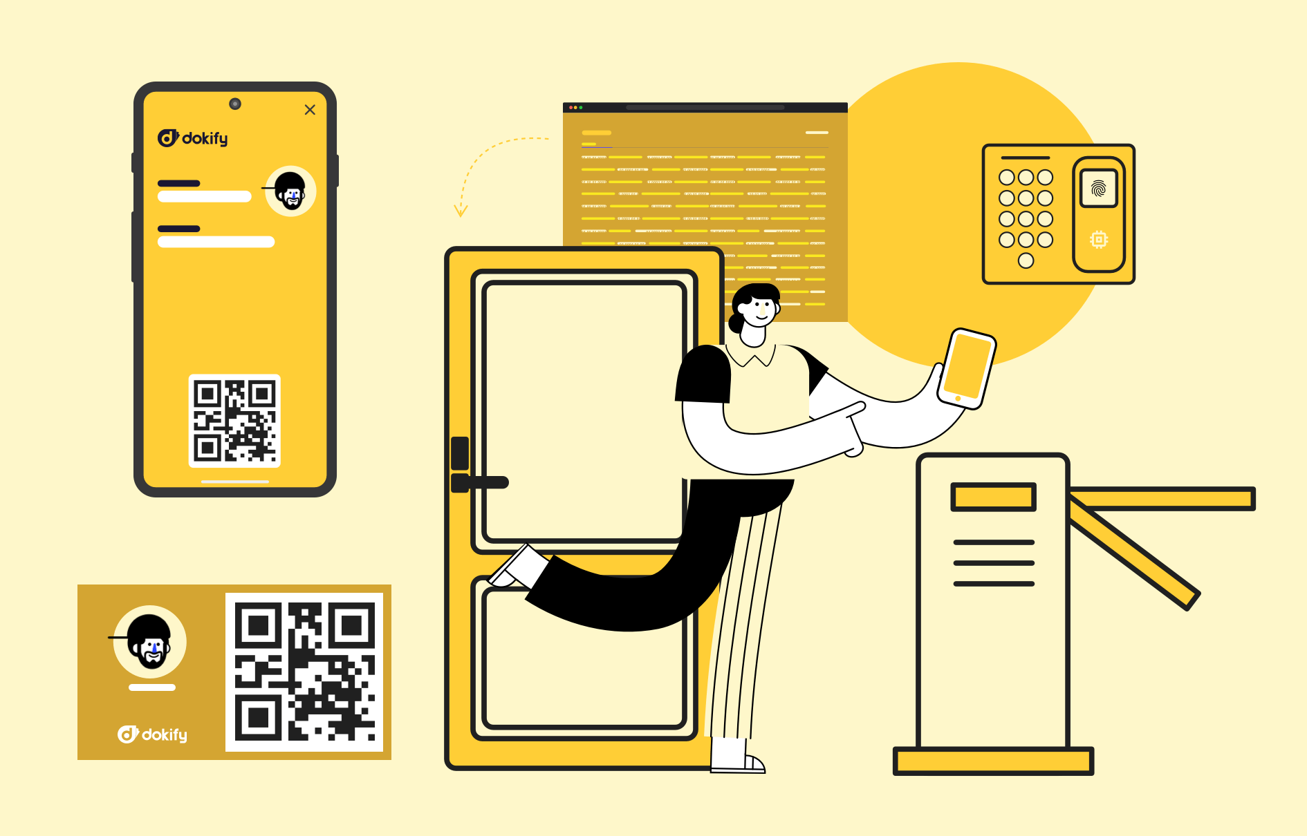 character holding a mobile phone with different elements that control access