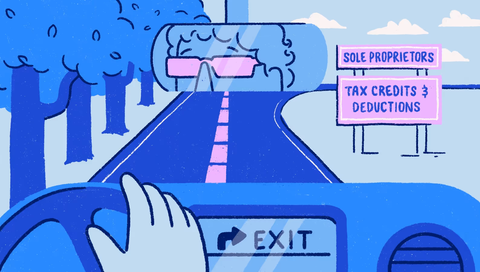 A stylized blue and pink illustration from the driver's perspective inside a car. A hand rests on the steering wheel, and a rearview mirror shows a person wearing pink sunglasses. To the right, a large pink roadside sign reads 'Sole Proprietors: Tax Credits & Deductions.' The dashboard navigation screen shows an upcoming right turn labeled 'EXIT'.