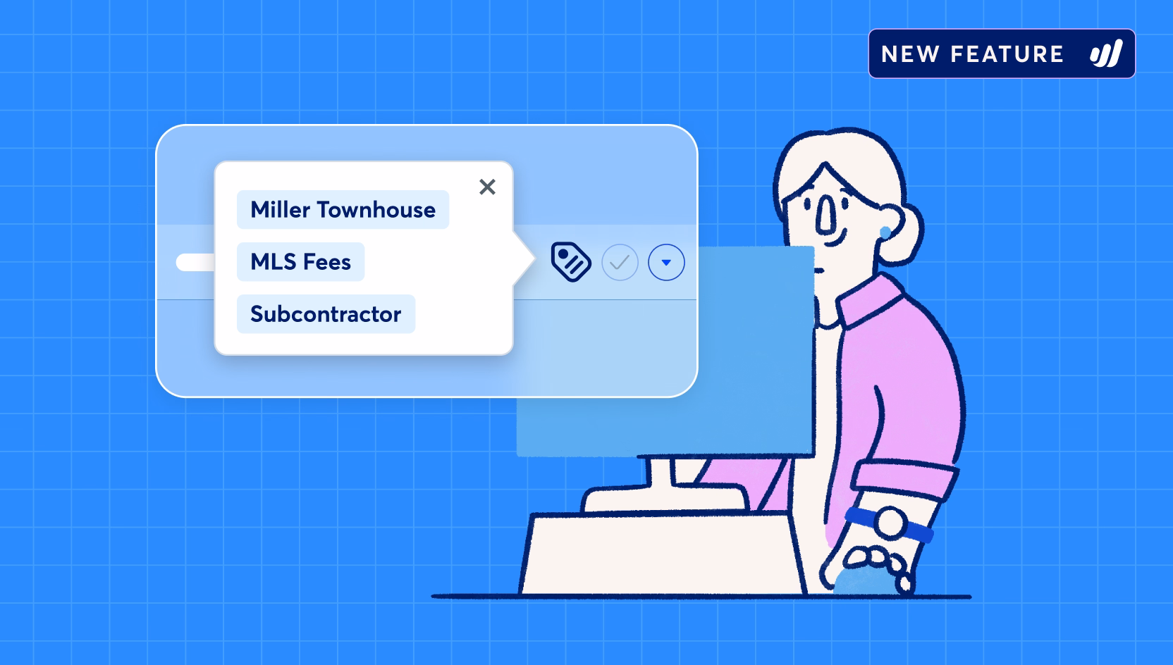 Illustration of a business owner using the new Wave Tags feature to label transactions like projects, fees, and subcontractors for better profitability tracking.