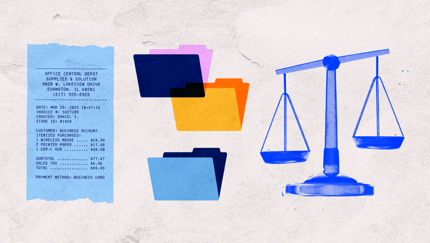 An illustration featuring a blue store receipt, colorful file folders, and a balance scale, representing the process of categorizing expenses and financial reconciliation.