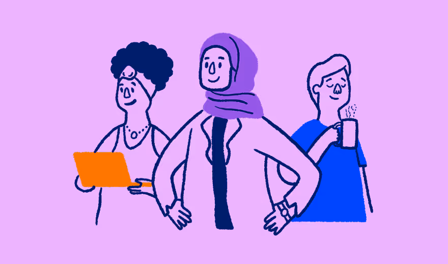 Illustration of three diverse professionals against a light purple background. One holds an orange laptop, a woman in a hijab stands confidently in the center, and a third person holds a coffee mug.