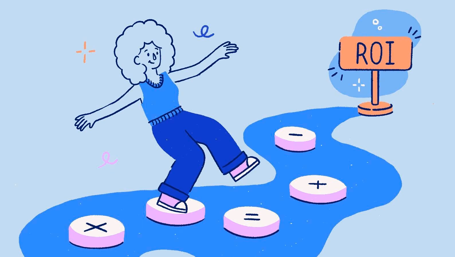 Illustration of a person happily stepping across mathematical stones toward an ROI sign, representing the financial return on investment of adding a new AI tool to a tech stack.
