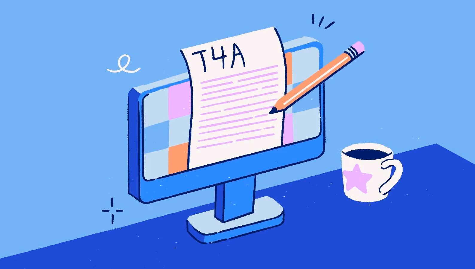 Illustration of a computer monitor displaying a T4A tax slip being filled out, representing the steps to file a T4A with the CRA.